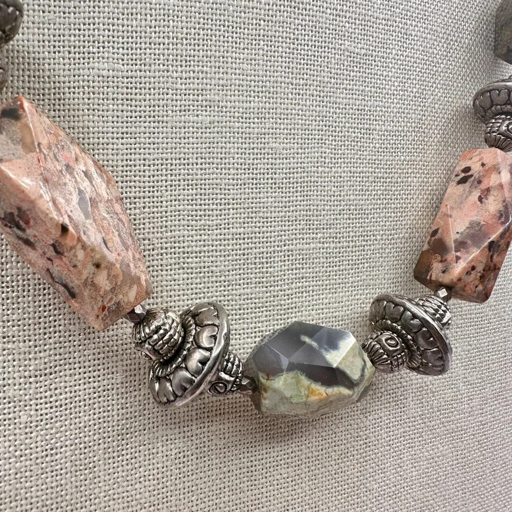 Vintage 80s Leopard Skin Jasper Beaded Statement Necklace Silver Tone‎ Jewelry